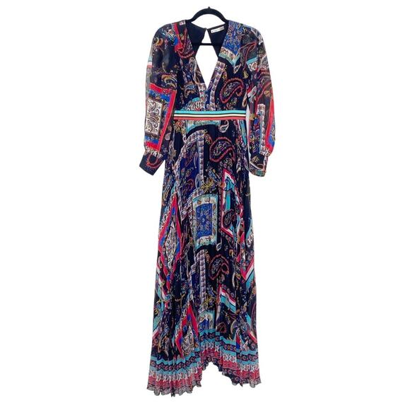 Alice + Olivia Cheney Slit Sleeve Pleated Maxi Dress in Royalty Paisley Size 0 - Picture 4 of 9